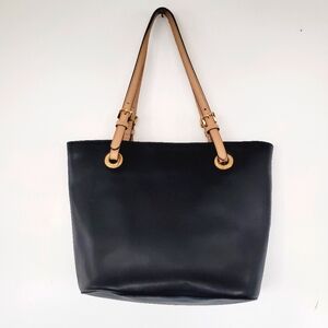 Michael Kors Jet Set Saffiano Shoulder Tote Bag Black with RARE Beige Straps.